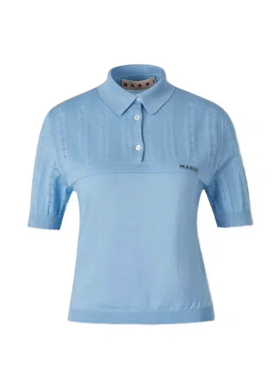 Marni Pointelle-knit Polo Shirt In Blue