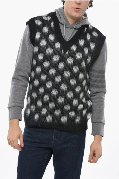 Marni Polka Dots Mohair Blend Fuzzy-wuzzy Sweater With V-neck In Black