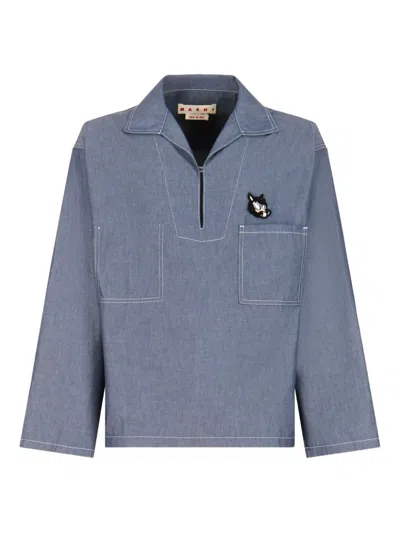 Marni Polo-collar Chambray Shirt In Blue