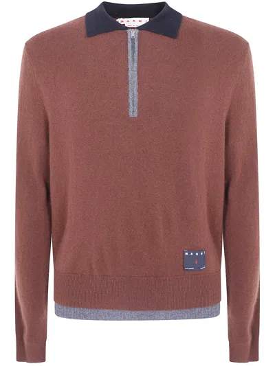 Marni Polo Sweater Contrast Collar Long Sleeves In Brown
