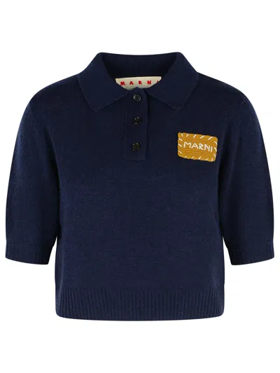 Marni Polo Sweater In Dark Blue Cashmere With '' Application