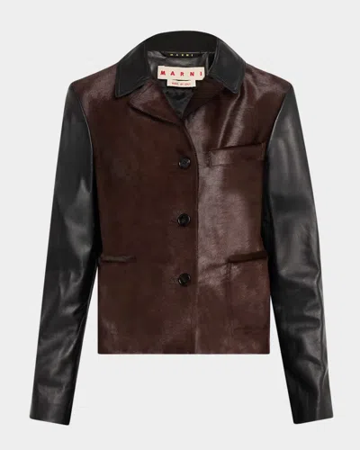 Marni Pony-hair And Leather Jacket In Brown