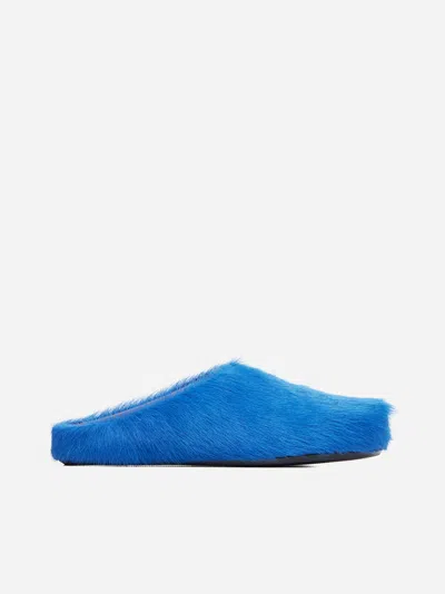 Marni Long Hair Leather Sabot Loafers In Mazarine Blue