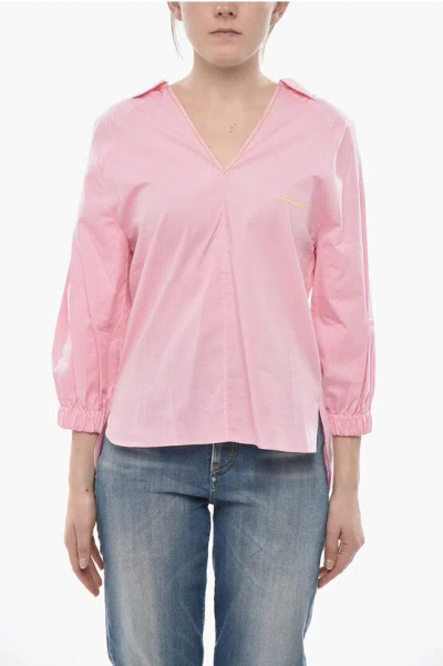 Marni Poplin Blouse With V-neck And Embroidered Logo In Pink