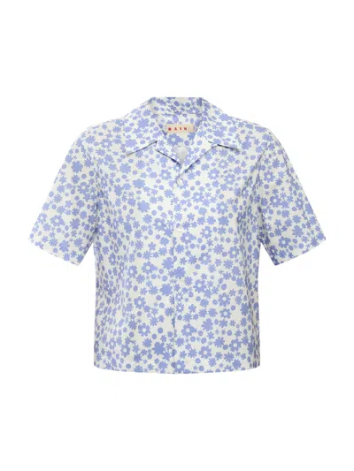 Marni Poplin Bowling Shirt With Blue And White Pop Fields Motif In Blue Lilac