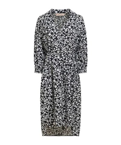 MARNI BLACK AND WHITE COTTON POPLIN SHIRT DRESS WITH POP FIELDS MOTIF