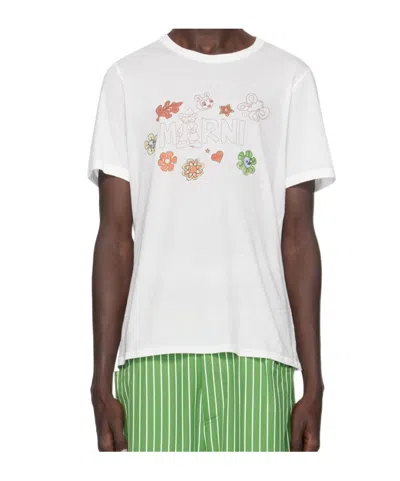 Marni Logo Cotton Graphic T-shirt In Fcw01 Lily White