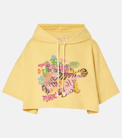 Marni Printed Cropped Cotton Hoodie In Yellow