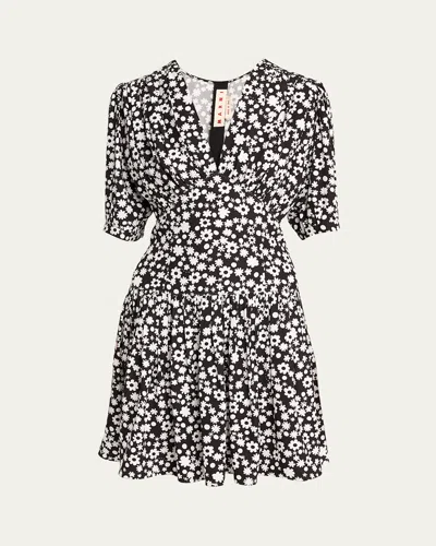Marni Printed Gathered Mini Dress In Black