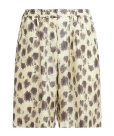 MARNI LIGHT YELLOW SILK BERMUDA SHORTS WITH CRAYON LEOPARD PRINTS