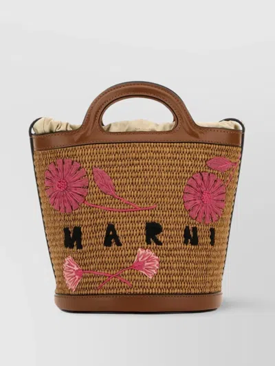 MARNI RAFFIA AND LEATHER BUCKET BAG WITH FLORAL EMBROIDERY