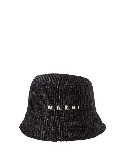 Marni Raffia Bucket Hat With Logo Embroidery