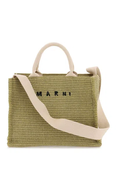 Marni Raffia-effect Canvas Small Tote Bag In Green