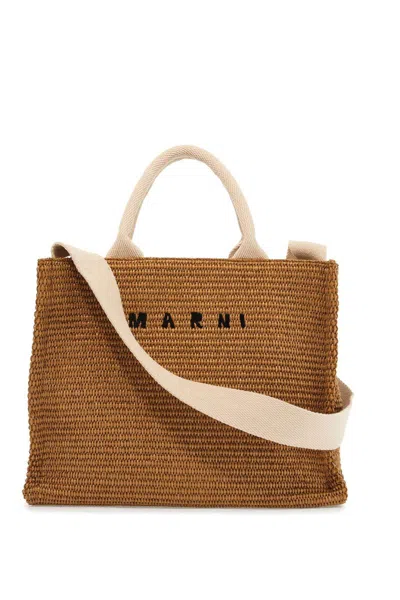 Marni Raffia-effect Canvas Small Tote Bag In Beige