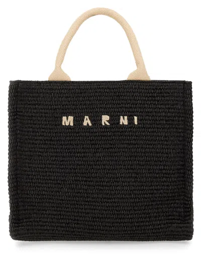 Marni Raffia Effect Fabric Small Tote Bag In Black