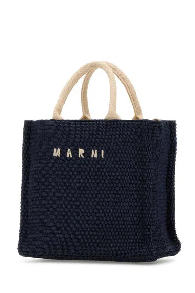 Marni Navy Blue Logo-lettering Raffia Tote Bag