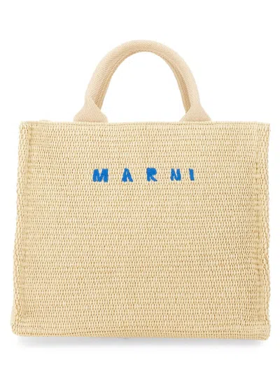 Marni Raffia Effect Fabric Small Tote Bag In Neutrals
