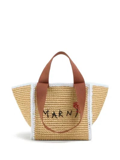 Marni Raffia Effect Macramé Knitted Sillo Shopping Bag In Brown