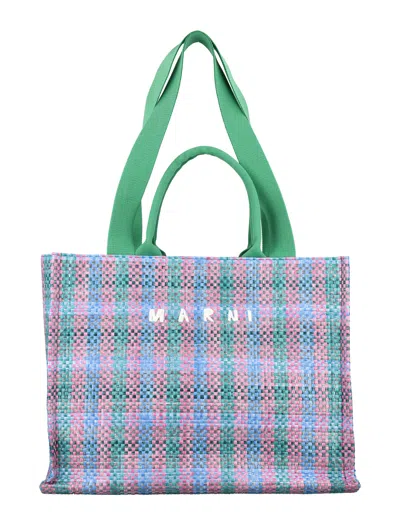 Marni Raffia Effect Shopping Tote Handbag For Men In Green_fuchsia_cypress