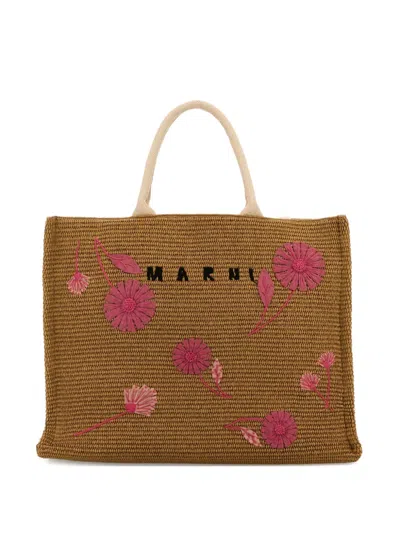 Marni Raffia Flower Tote Bag In Brown