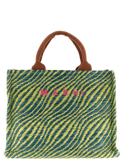 Marni Two-tone Woven Raffia Handbag With Embroidered Logo In Green