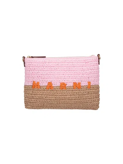 Marni Raffia Palm & Calf Leather Tote Bag In Pink