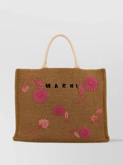 Marni Raffia Shopping Bag Embroidered Floral Design In Brown