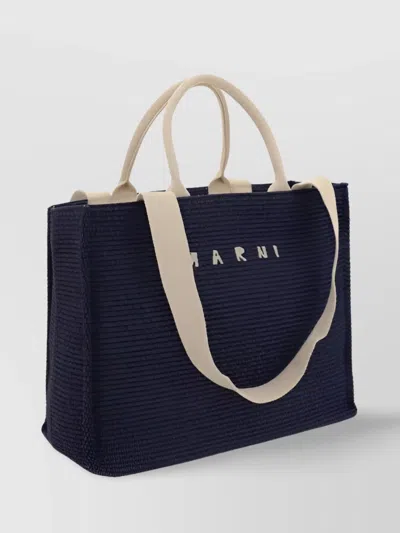Marni Raffia Tote Bag With Contrasting Fabric Strap In Blue