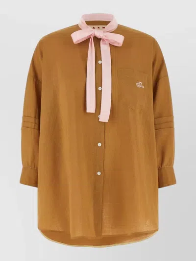 Marni Ramie Shirt Chest Pocket Contrast Bow Tie In Brown