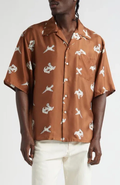 Marni Raven Print Silk Twill Bowling Shirt In Brown