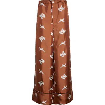 Marni Raven Print Silk Twill Wide Leg Pants In Brown