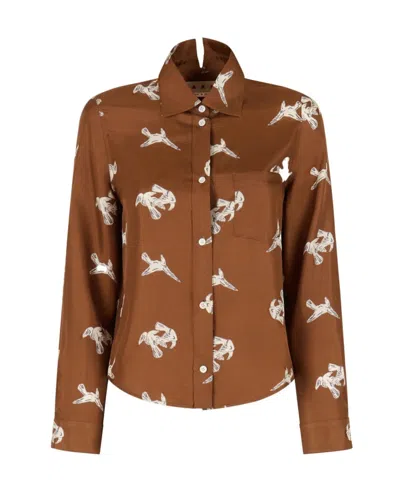 Marni Ravens Silk Twill Button-up Shirt In Brown