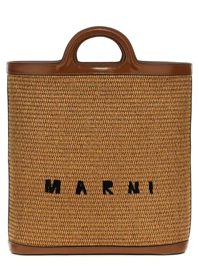 Marni Two-tone Raffia And Leather Tropicalia Bucket Bag In Brown