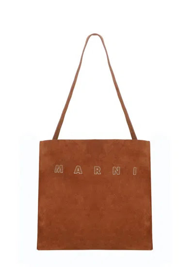 Marni Rectangular Brown Leather Shopping Bag With Embroidered Logo