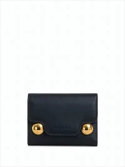Marni Rectangular Calf Leather Wallet With Gold-tone Accents In Black