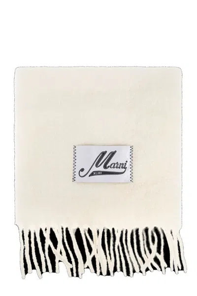 Marni Rectangular Creamy Off-white Scarf With Fringed Edges In Neutral