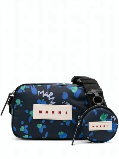 Marni Rectangular Crossbody Bag With Floral Print And Leather Accents In White
