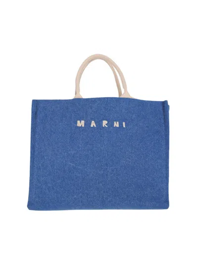 Marni Rectangular Denim Tote Bag With Design In Blue