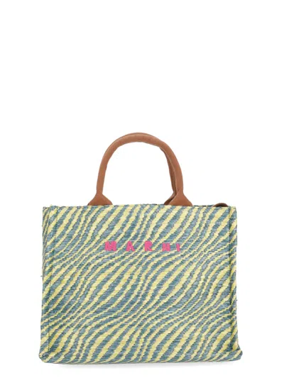 Marni Rectangular Shopping Bag With Contrasting Logo And Striped Pattern In Multi