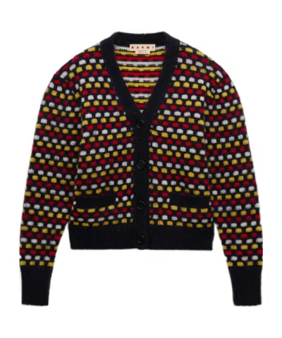 Marni Red And Blue Jacquard Shetland Wool Cardigan In Multi