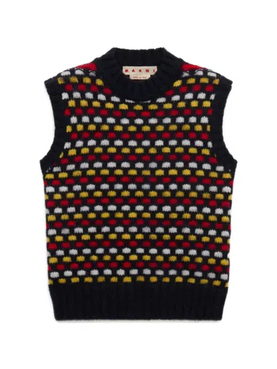 Marni Red And Blue Jacquard Shetland Wool Vest In Brown