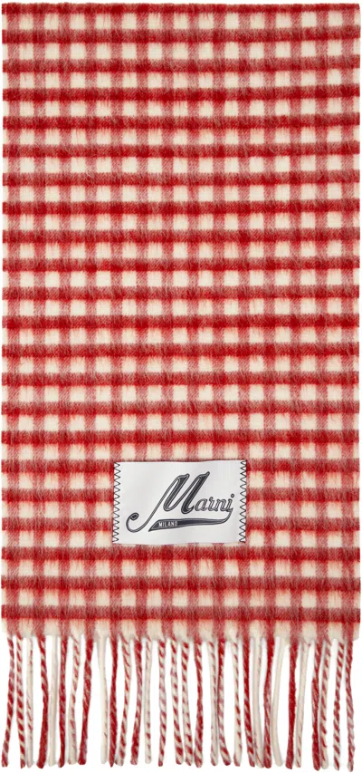 Marni Red & White Double Check Scarf In Chr63 Crimson