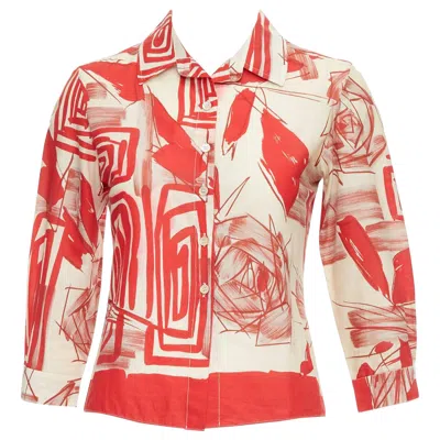 Pre-owned Marni Red Beige 100% Cotton Abstract Floral Print Crop Shirt It38 Xs