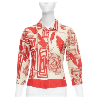 Pre-owned Marni Red Beige 100% Cotton Abstract Floral Print Crop Shirt It38 Xs