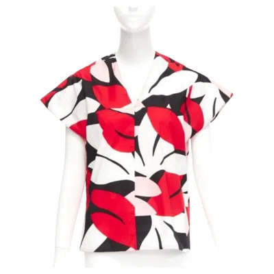 Pre-owned Marni Red Black White 100% Cotton Geometric Print Cap Sleeve Boxy Top It38 Xs