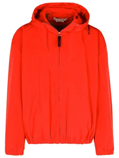 Marni Red Hooded Jacket In Polyester With Embroidered Logo