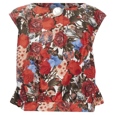Marni Red Floral Cotton Shell Button Sleeveless Boxy Bubble Vest Top It38 Xs In Multi