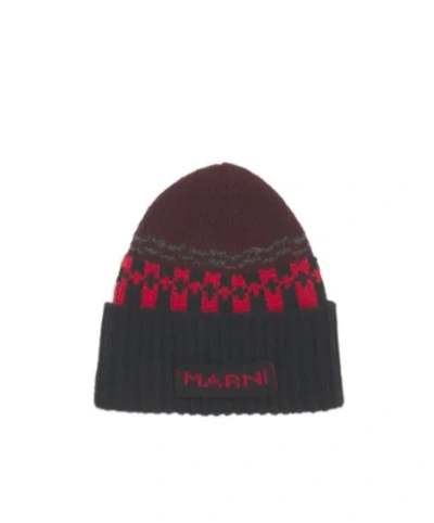 Marni Red Wool Beanie With Geometric Motif In Multi