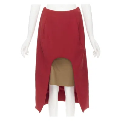 Pre-owned Marni Red Wool Brown Silk Lining Curved Hem Midi Skirt It40 S