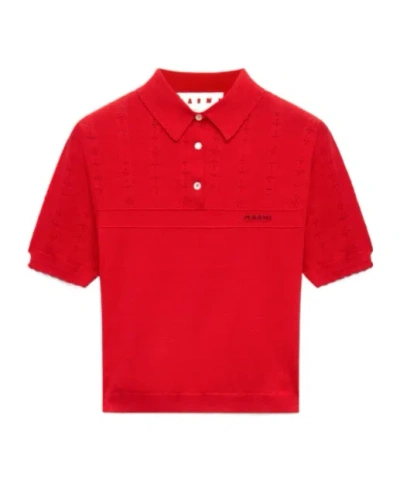 Marni Red Wool-silk Polo Shirt With Pointelle Detailing
